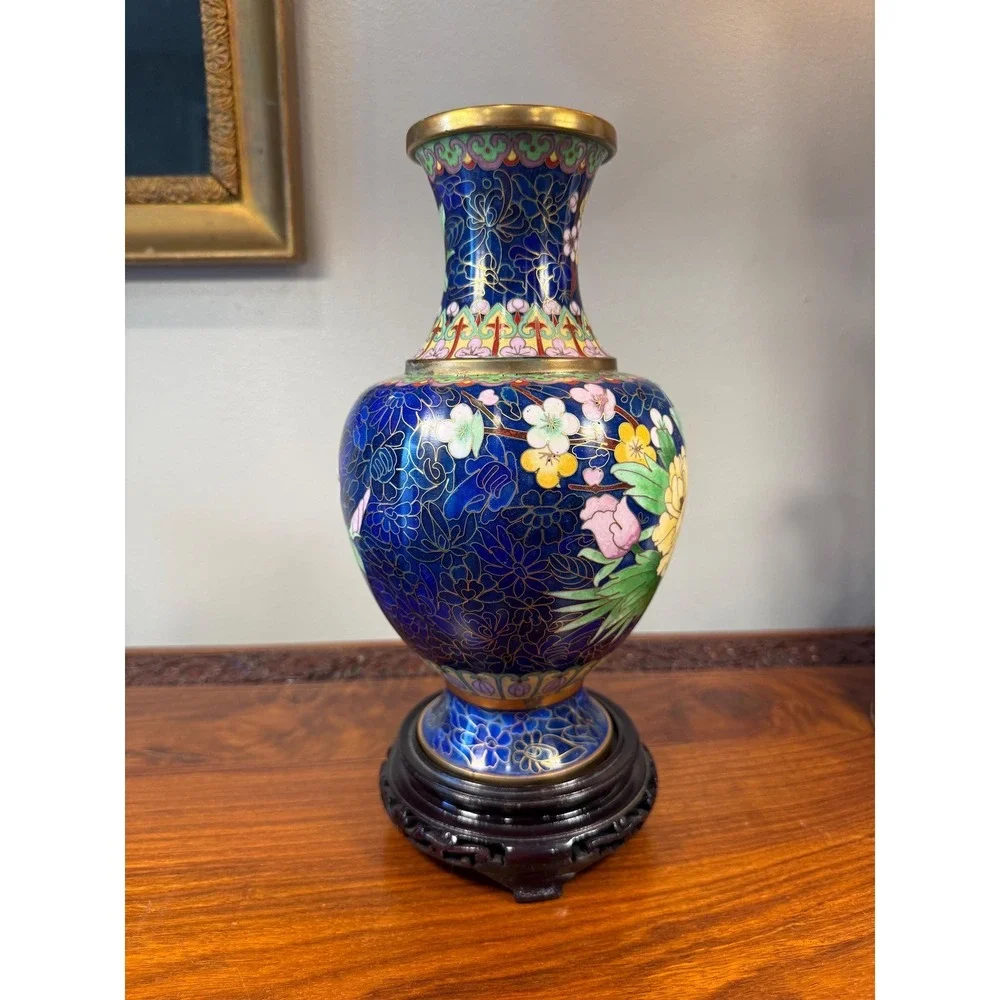 Vintage Cloisonné Vase with Carved Wood Stand